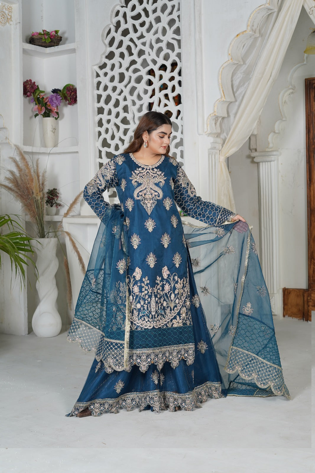 SS-1041 – D.Blue Sharara Set by Sundar Stitch 💫