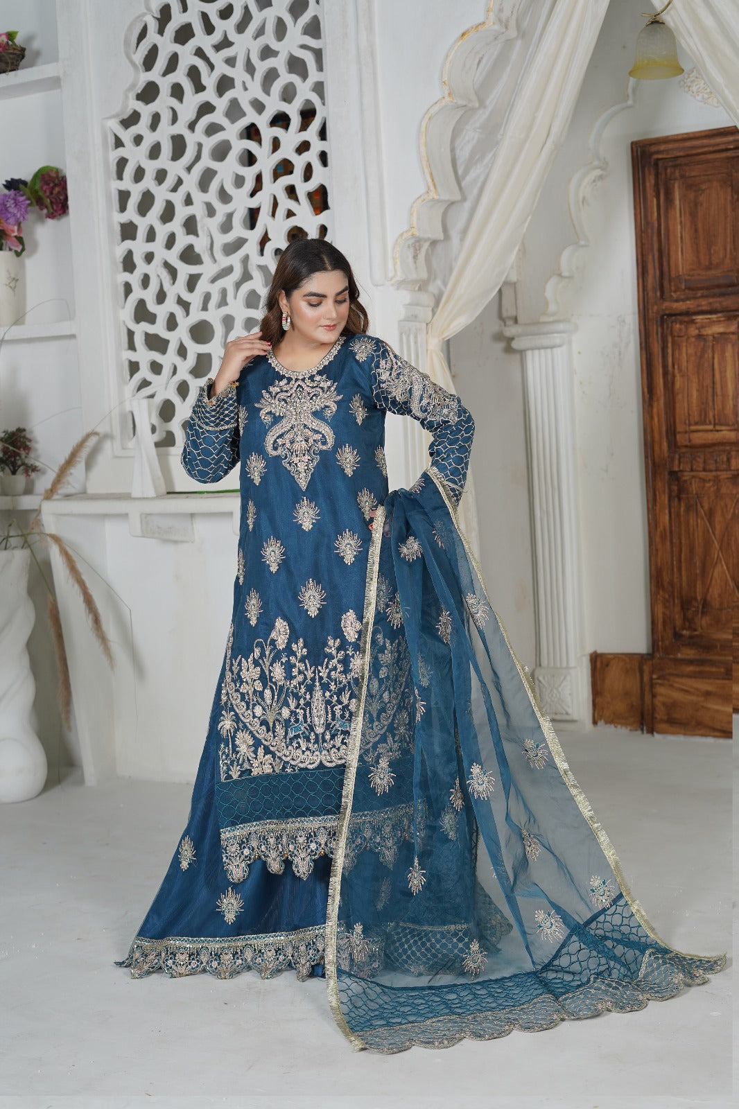 SS-1041 – D.Blue Sharara Set by Sundar Stitch 💫