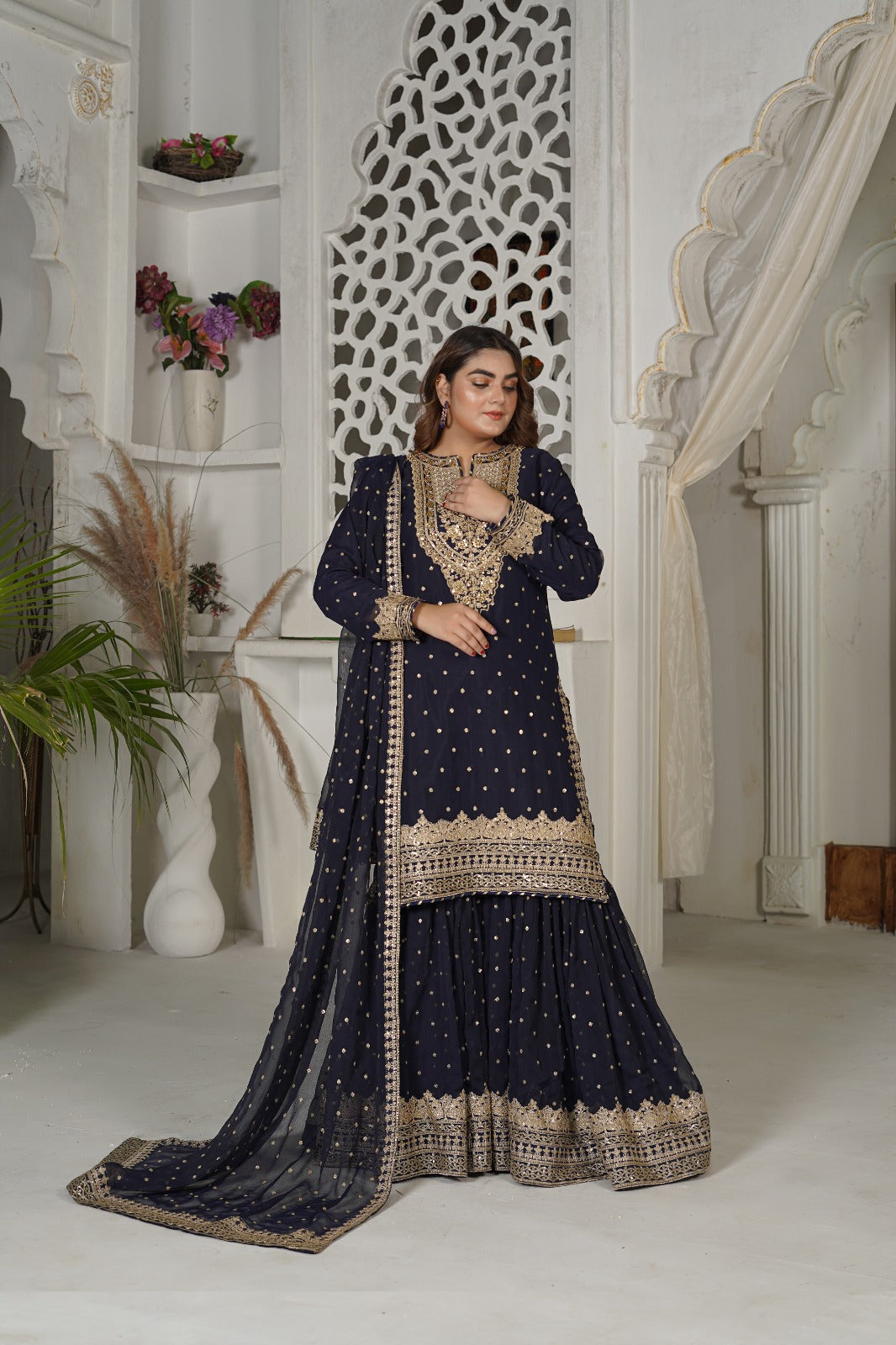 SS-1034 – Navy Blue Gharara Set by Sundar Stitch 🌿