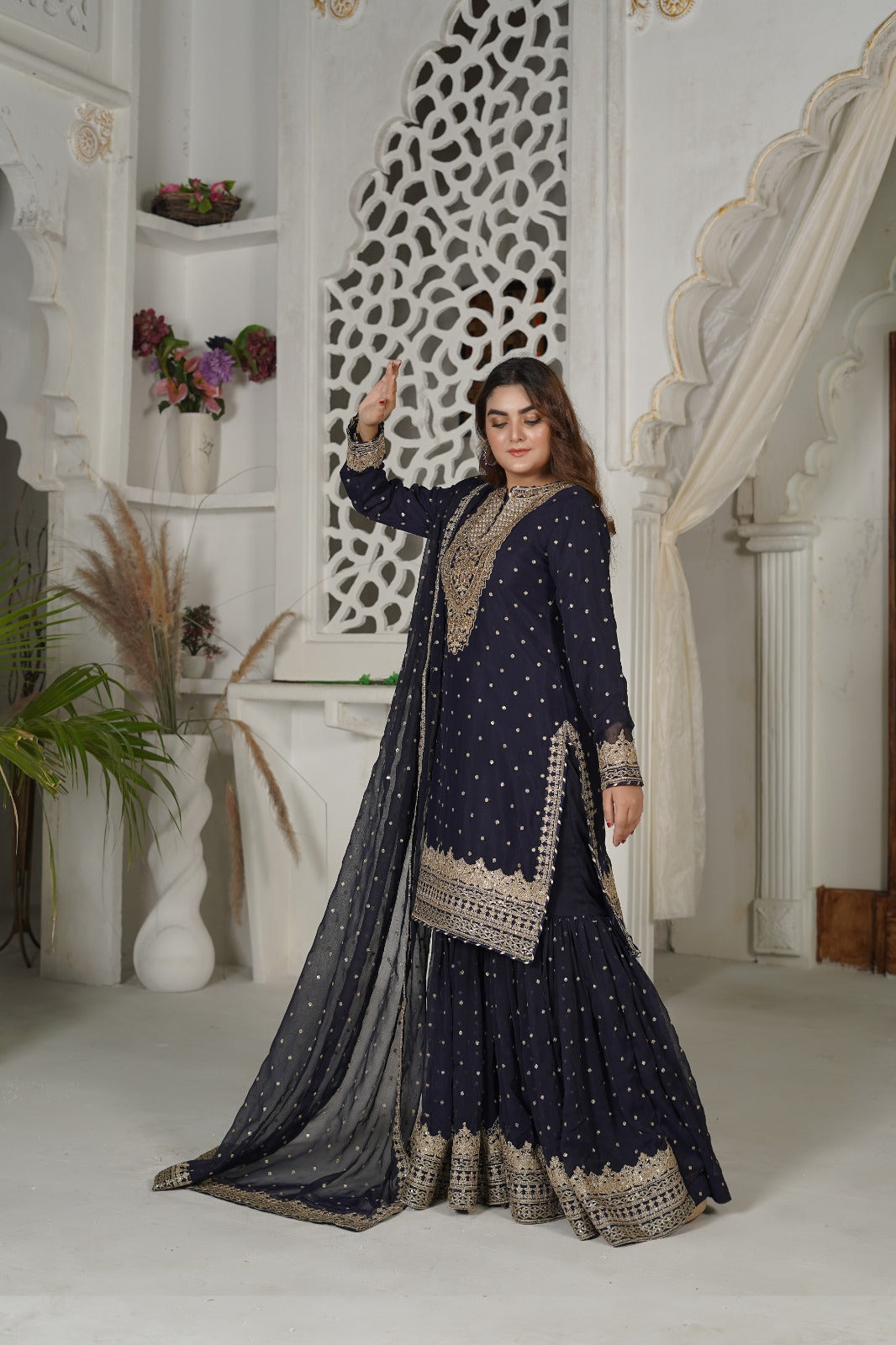 SS-1034 – Navy Blue Gharara Set by Sundar Stitch 🌿