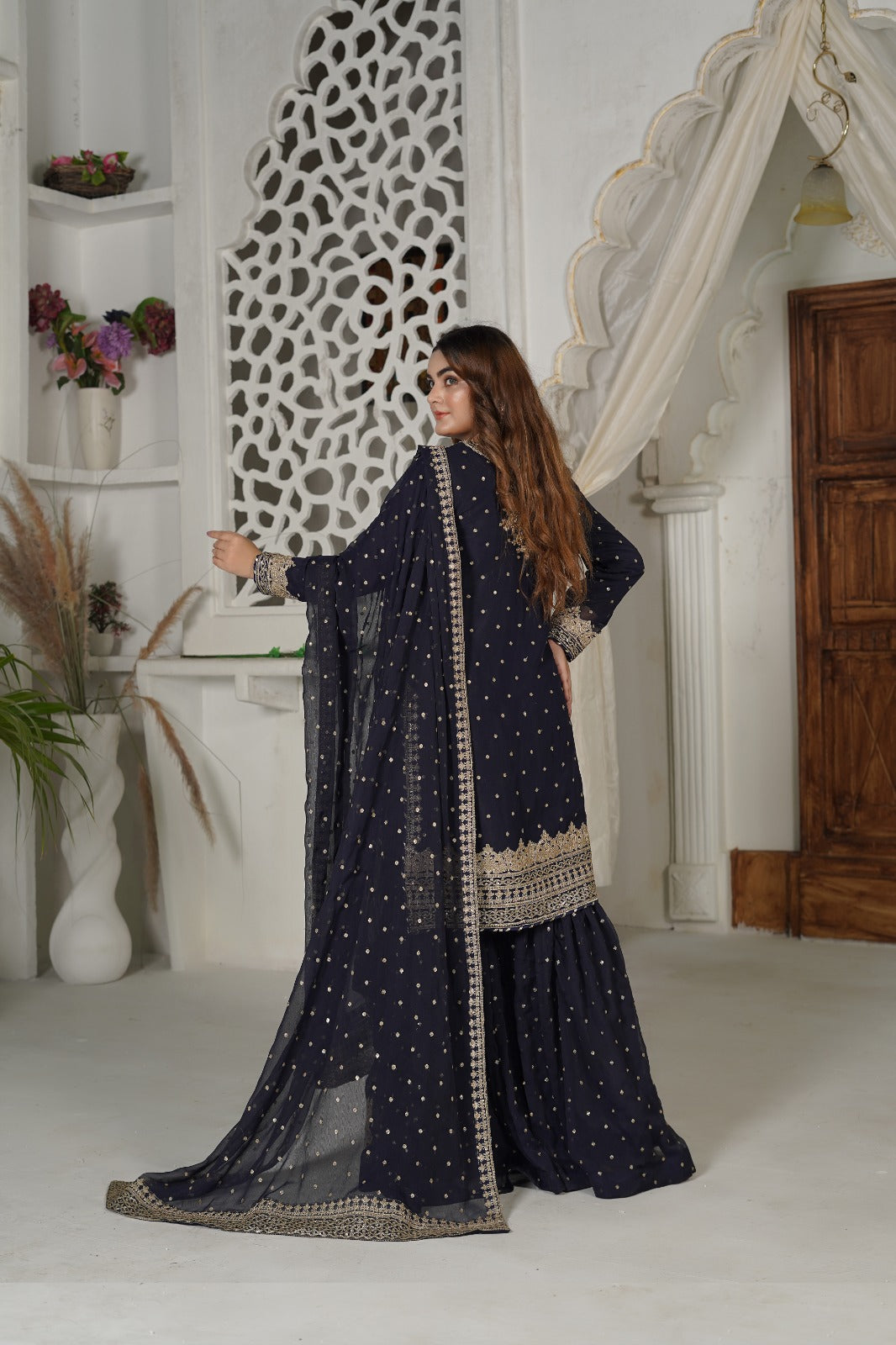 SS-1034 – Navy Blue Gharara Set by Sundar Stitch 🌿