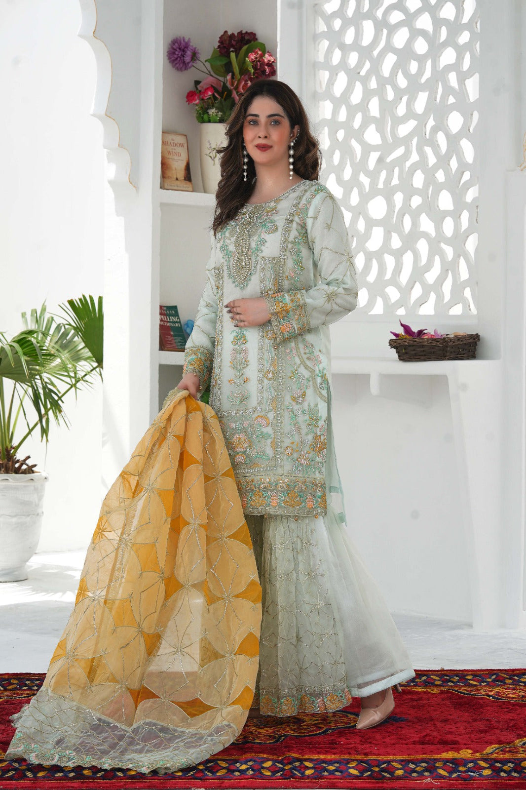 SS-1027 – Tea Green Organza Kurti with Flared Gharara ✨