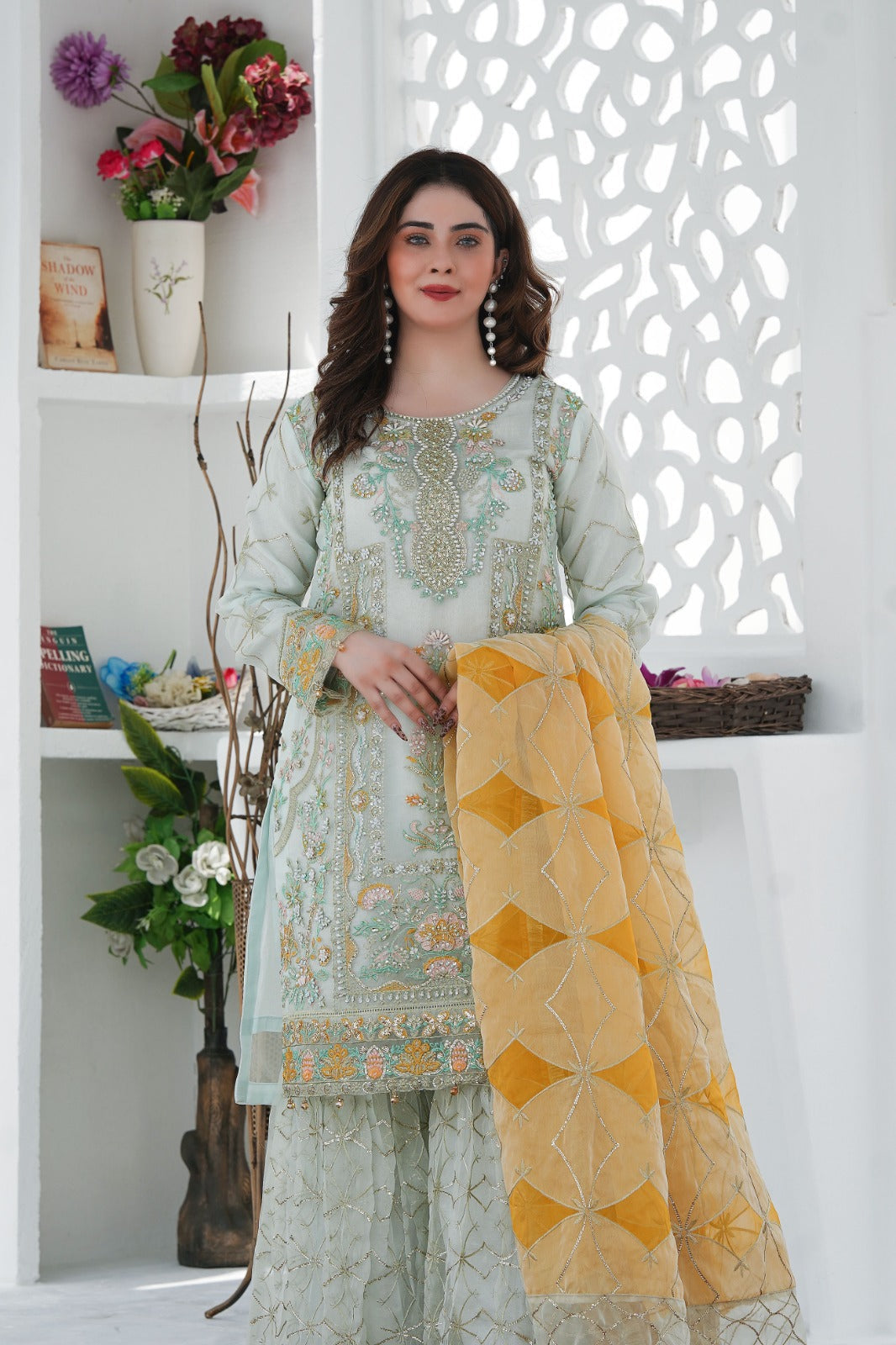 SS-1027 – Tea Green Organza Kurti with Flared Gharara ✨