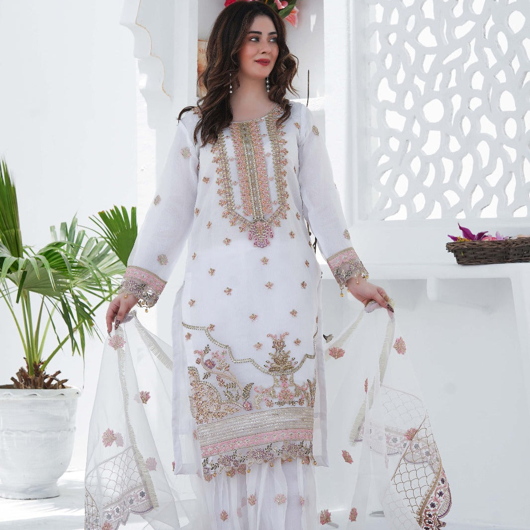 SS-1028 – White Organza Kurti with Flared Gharara ✨
