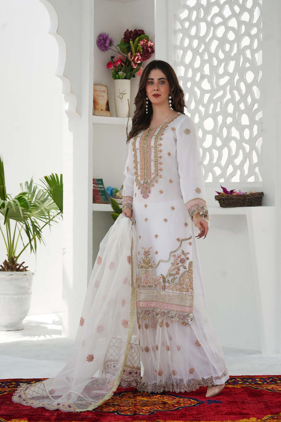 SS-1028 – White Organza Kurti with Flared Gharara ✨