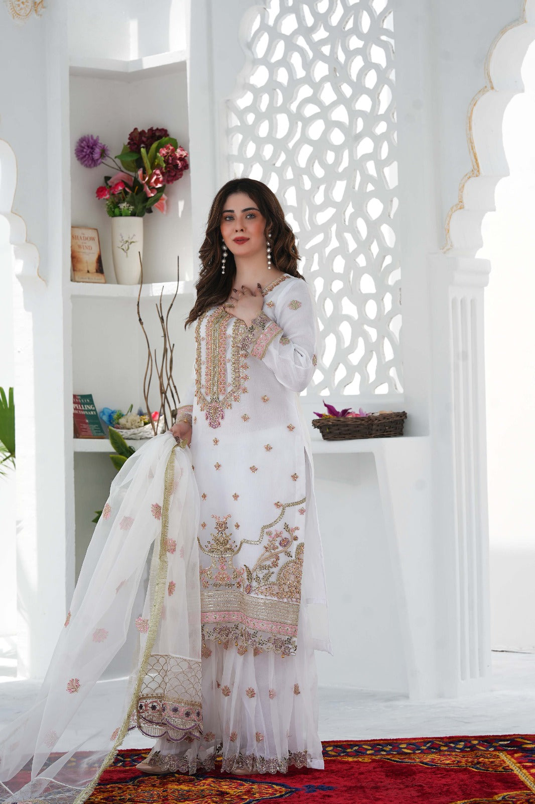 SS-1028 – White Organza Kurti with Flared Gharara ✨