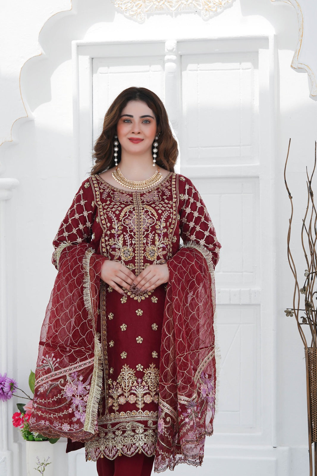 SS-1029 – Blood Red Organza Kurta Set with Adda Work ✨