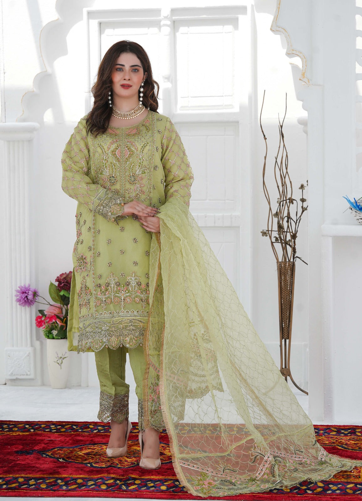 SS-1030 – Pistachio Green Organza Kurta Set with Adda Work 🌿