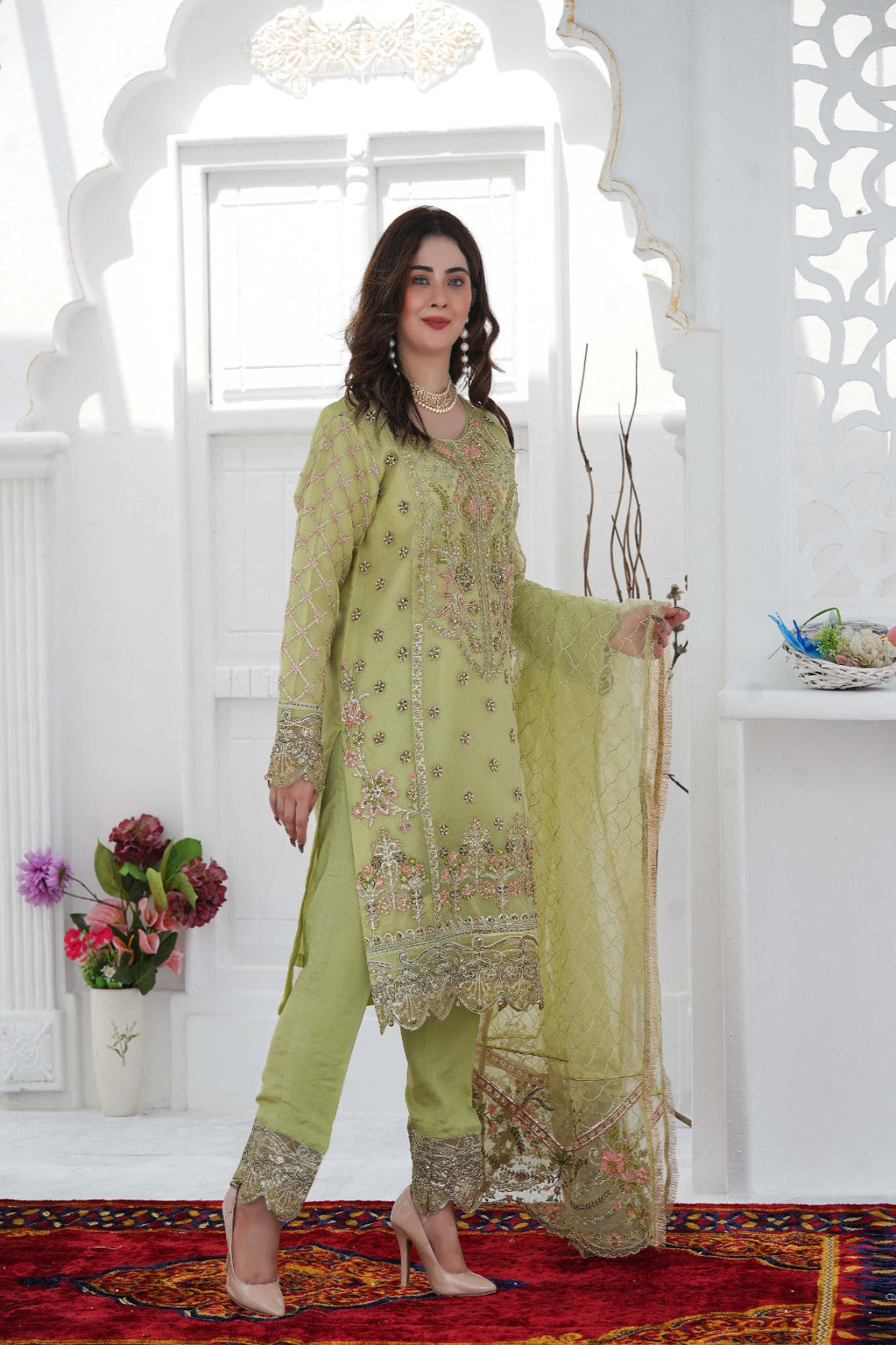 SS-1030 – Pistachio Green Organza Kurta Set with Adda Work 🌿