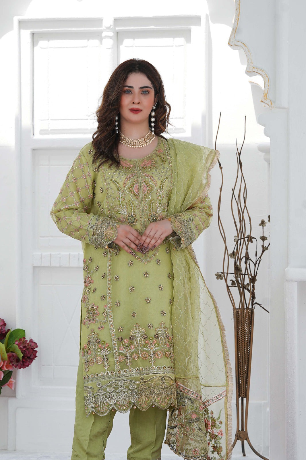 SS-1030 – Pistachio Green Organza Kurta Set with Adda Work 🌿