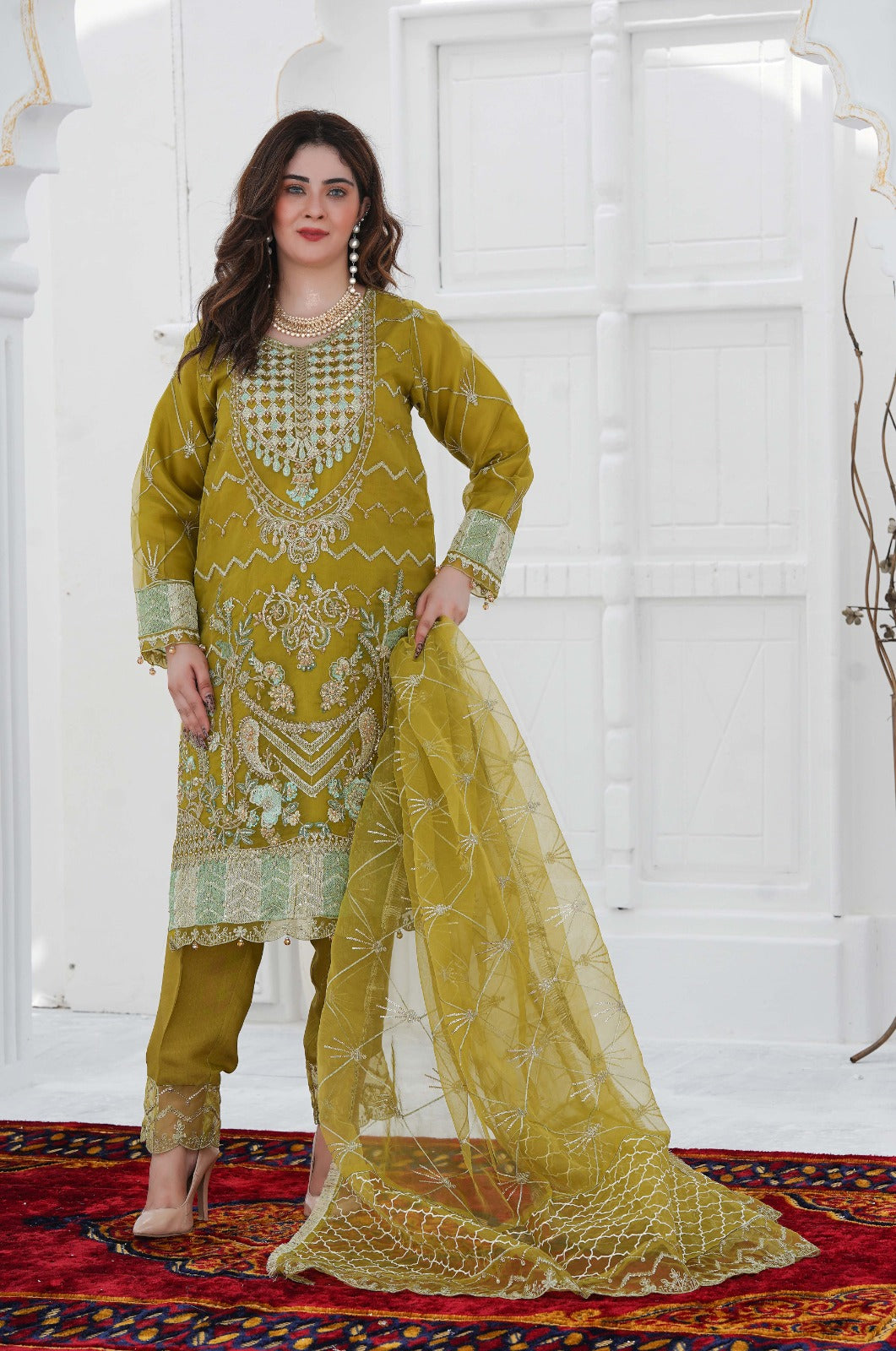 SS-1031 – Mehndi Green Organza Kurta Set with Adda Work