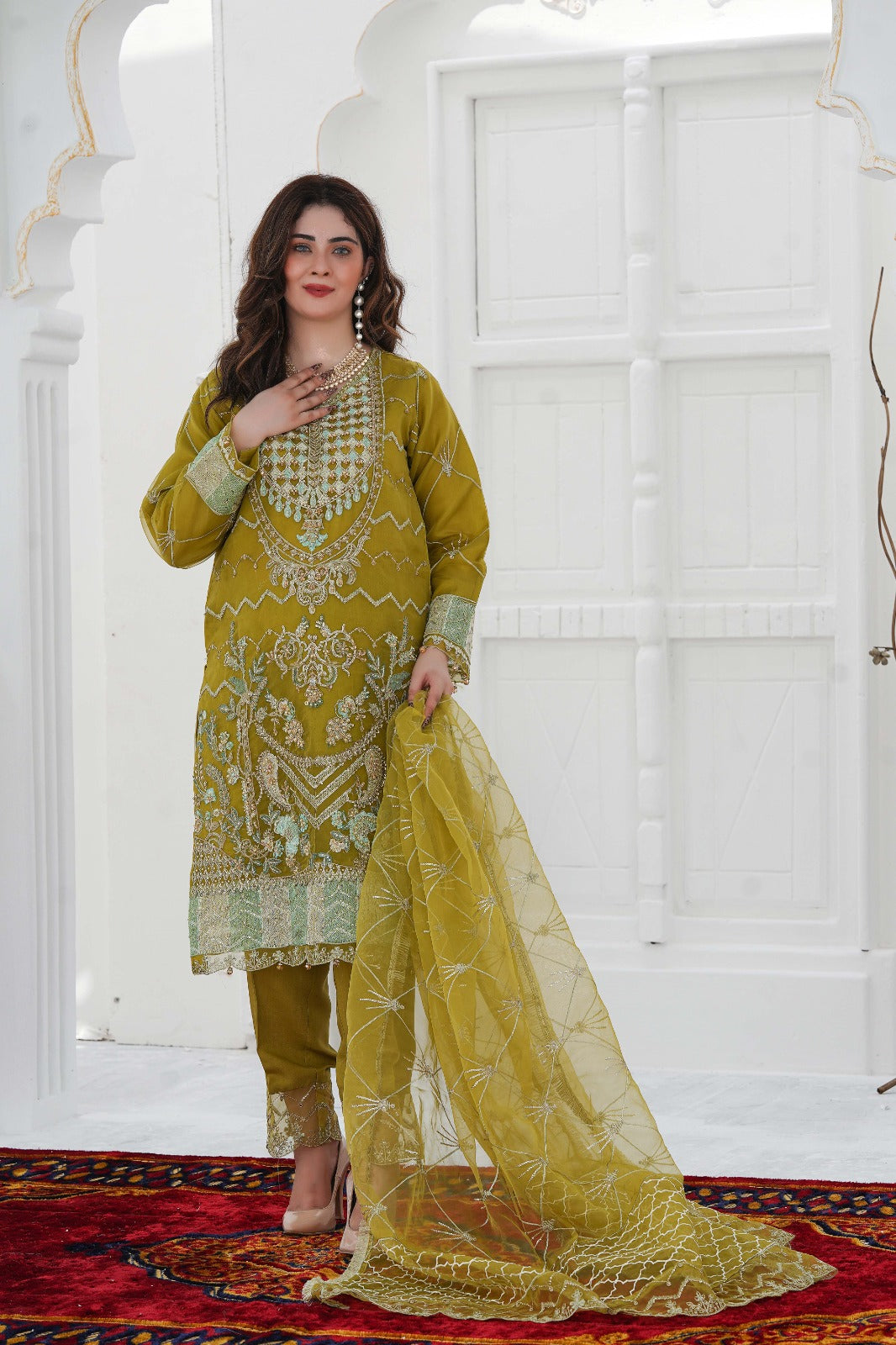 SS-1031 – Mehndi Green Organza Kurta Set with Adda Work