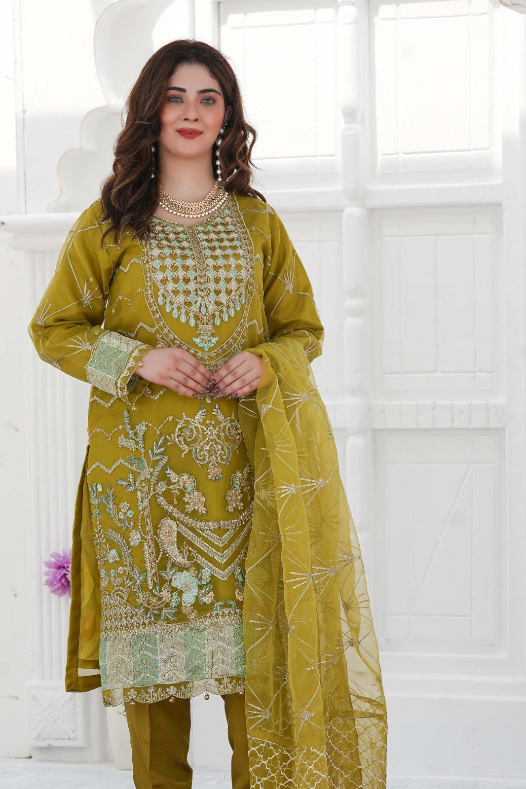 SS-1031 – Mehndi Green Organza Kurta Set with Adda Work