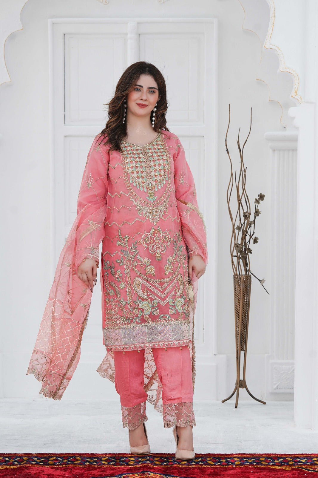 SS-1032 – Elegant Pink Organza Kurta Set with Adda Work 🌷