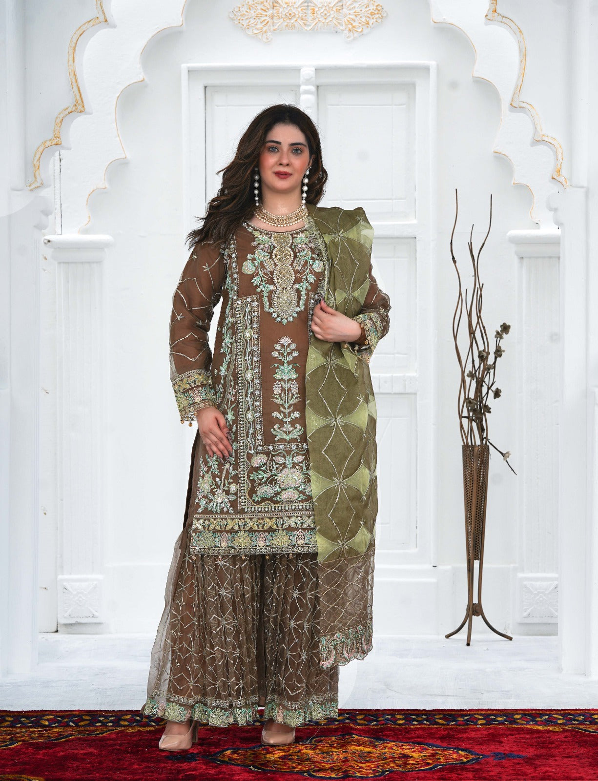SS-1025 – Adda Work Organza Kurti with Flared Gharara ✨