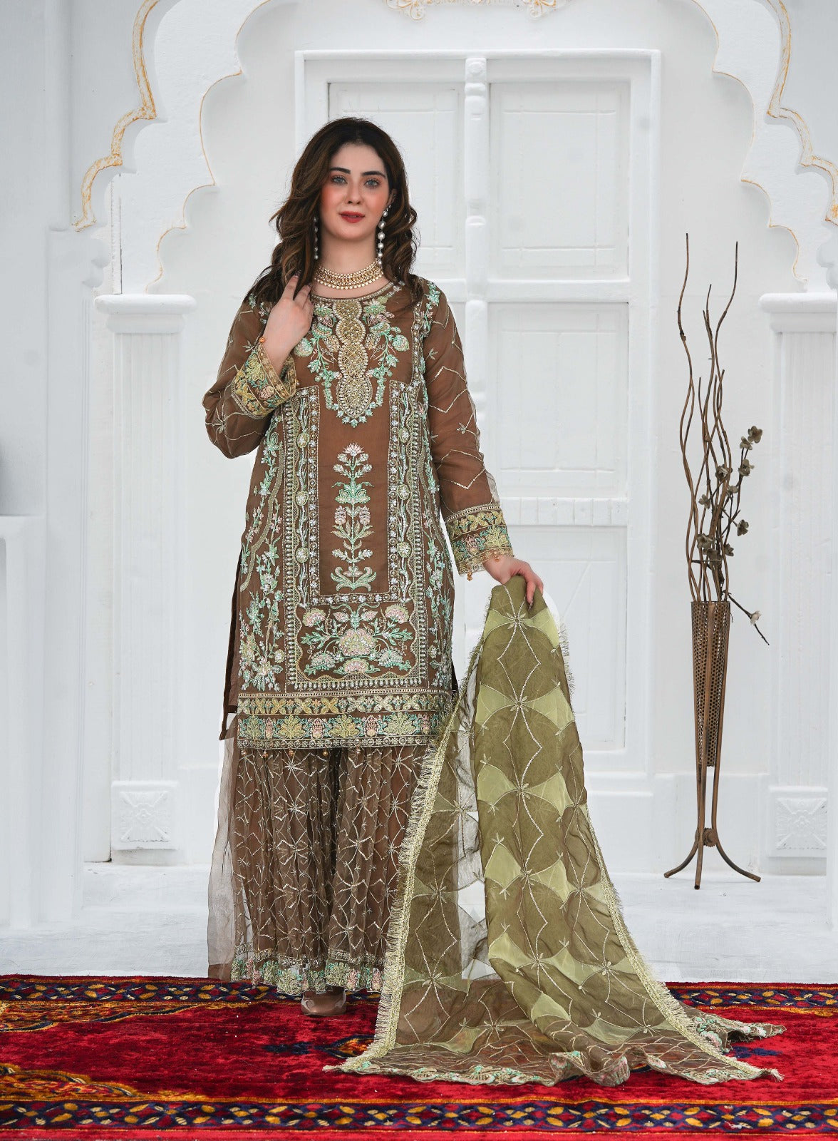 SS-1025 – Adda Work Organza Kurti with Flared Gharara ✨