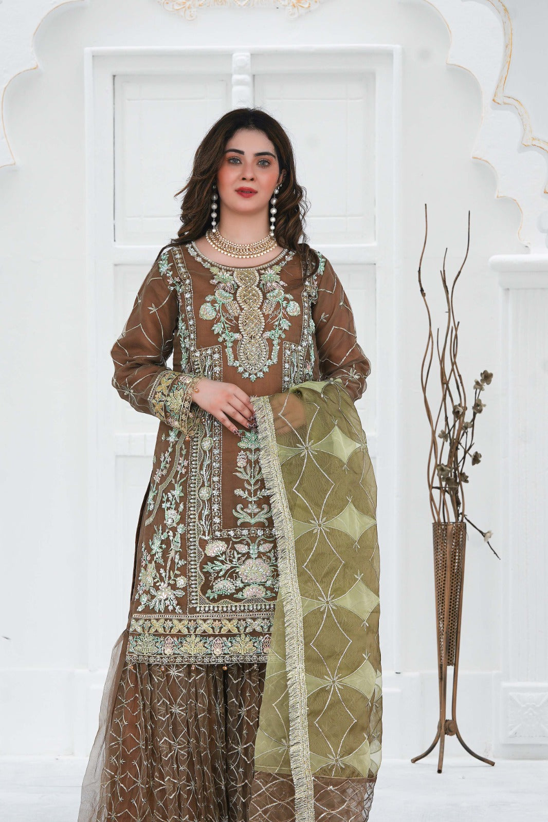 SS-1025 – Adda Work Organza Kurti with Flared Gharara ✨