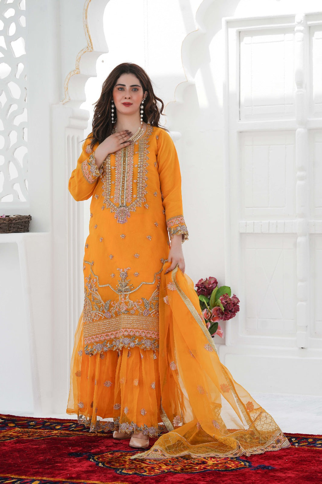 SS-1026 – Mustard Adda Work Organza Kurti with Flared Gharara ✨