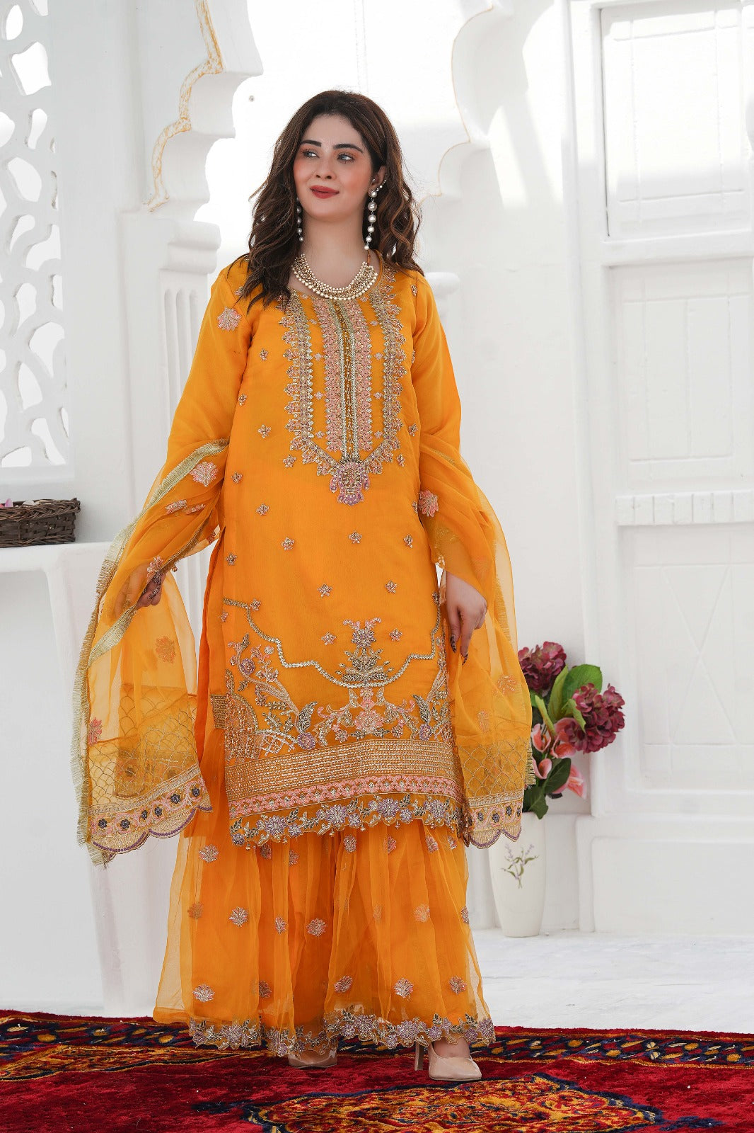 SS-1026 – Mustard Adda Work Organza Kurti with Flared Gharara ✨