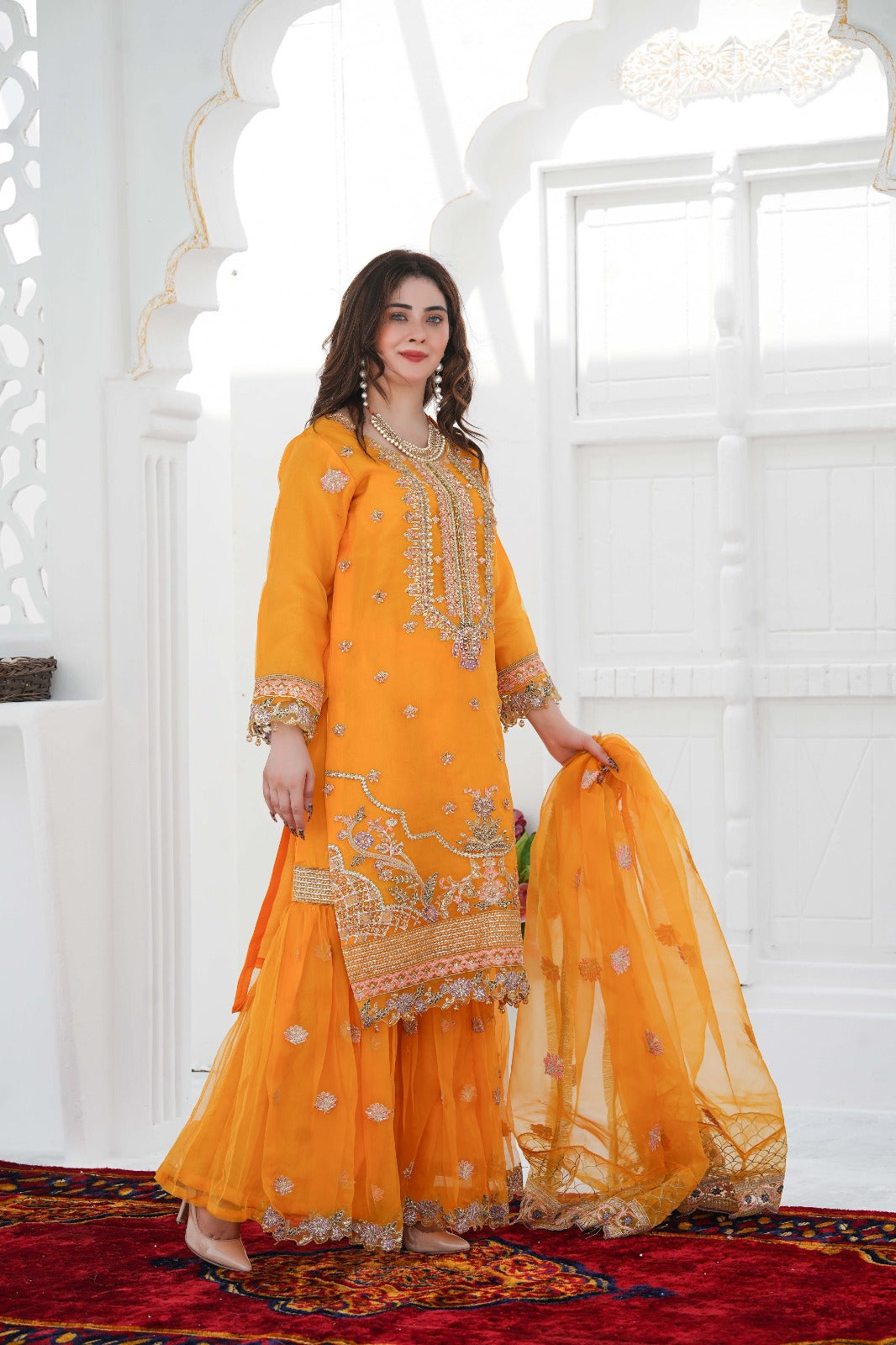SS-1026 – Mustard Adda Work Organza Kurti with Flared Gharara ✨
