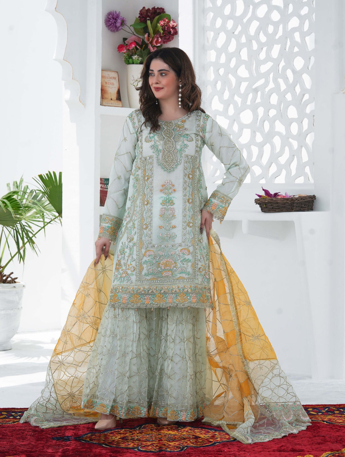 SS-1027 – Tea Green Organza Kurti with Flared Gharara ✨