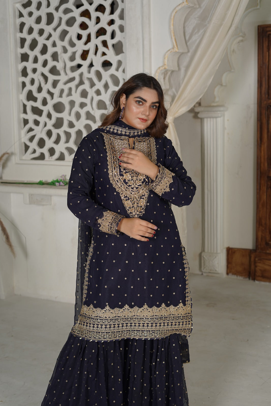 SS-1034 – Navy Blue Gharara Set by Sundar Stitch 🌿