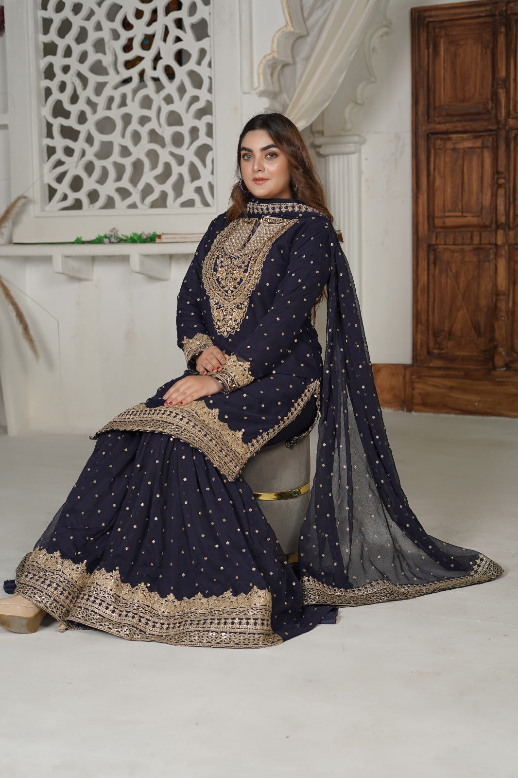 SS-1034 – Navy Blue Gharara Set by Sundar Stitch 🌿