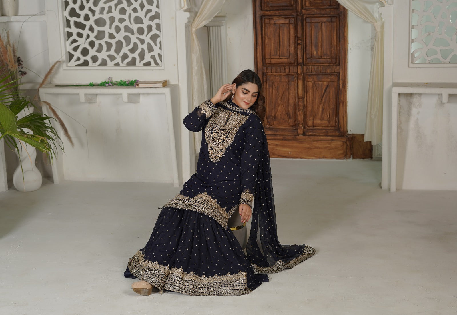 SS-1034 – Navy Blue Gharara Set by Sundar Stitch 🌿
