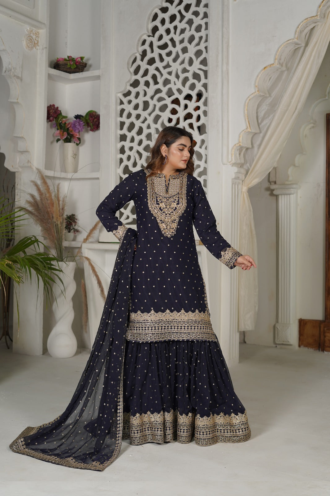 SS-1034 – Navy Blue Gharara Set by Sundar Stitch 🌿